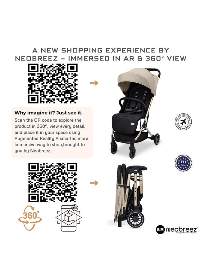 neobreez عربة الأطفال نيبريز لايتكس خفيفة الوزن بحجم مقصورة السفر|عربة دفع بمقبض، مظلة مقاومة للماء UPF 50+، إطار ذهبي، من 0-3 سنوات، 15 كجم، ضمان 3 سنوات - بيج - Image 4